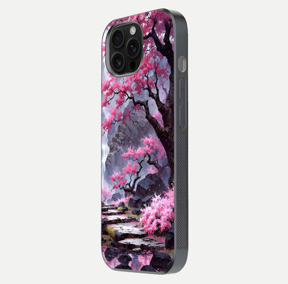 Pinkish Scenery Glass Case for iPhone 16 Pro Max side-angle image showing depth, gloss, and scenic details