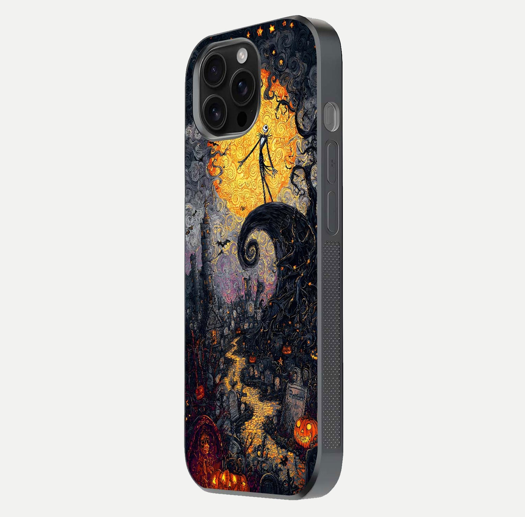 Pumpkin Moon Night Glass Case for iPhone 16 Pro Max side-angle image showing reflection depth and pumpkin pattern