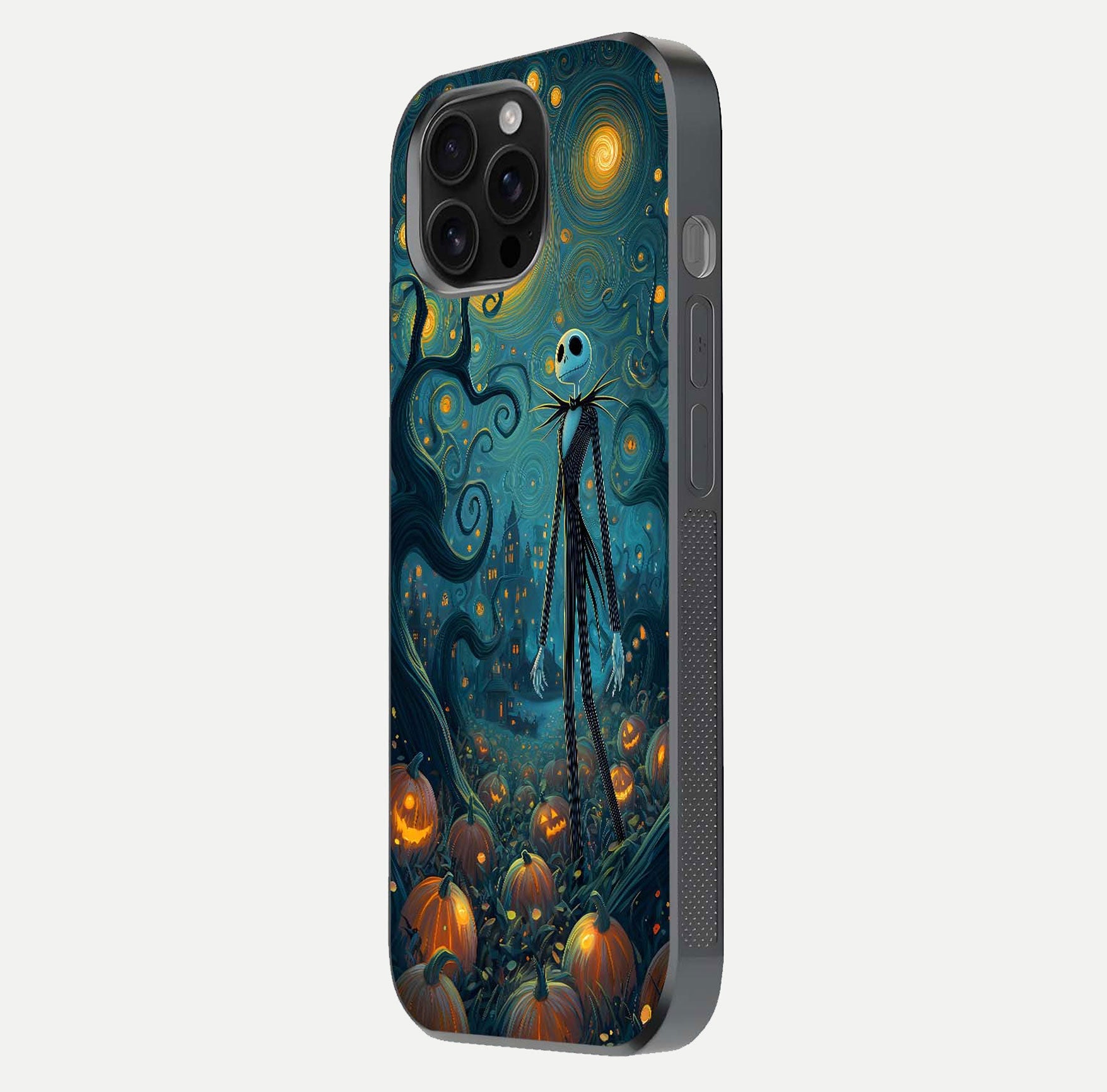 Pumpkin Moonlight Tale Glass Case for iPhone 16 Pro Max side-angle image showing glow texture and Halloween vibe
