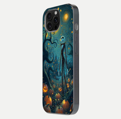 Pumpkin Moonlight Tale Glass Case for iPhone 16 Pro Max side-angle image showing glow texture and Halloween vibe