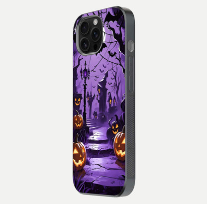Pumpkin Patch Halloween Glass Case for iPhone 16 Pro Max side-angle image showing shine, camera cutout, and spooky art