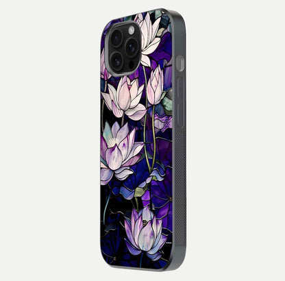 Purple Lotus Pattern Glass Case for iPhone 16 Pro Max side-angle image showing reflection depth and lotus detail