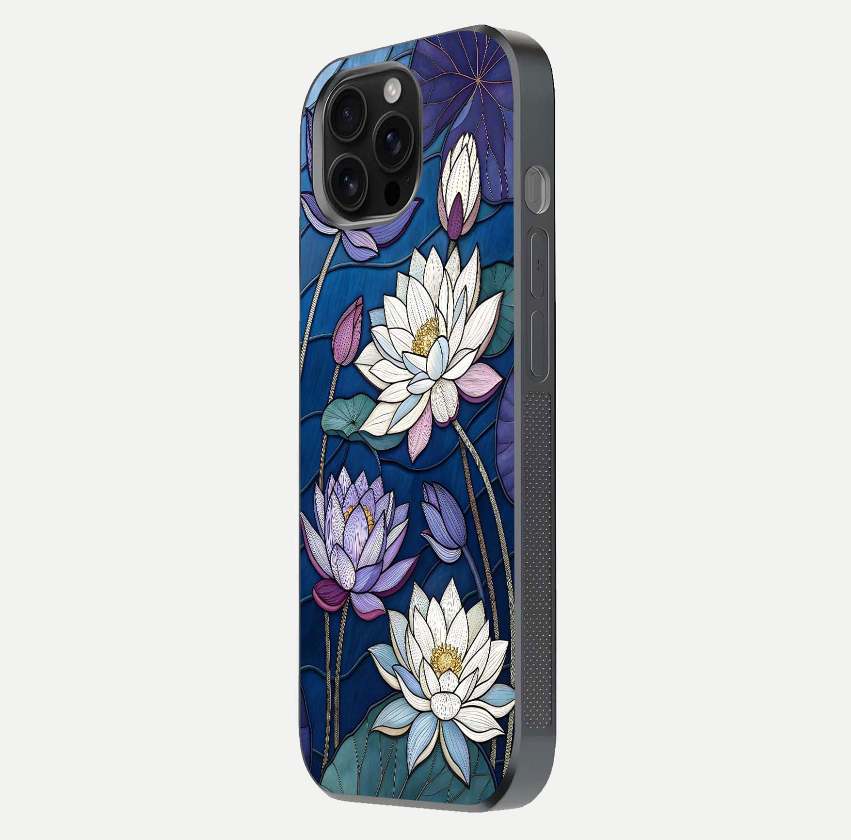 Purple Lotus Stained Glass Case for iPhone 16 Pro Max side-angle image showing gloss, reflection, and intricate detailing