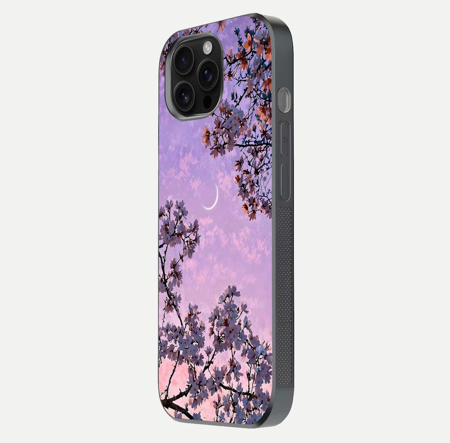 Purple Serenity Moon Glass Case for iPhone 16 Pro Max side-angle image showing reflection and lunar art precision