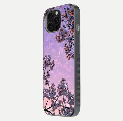 Purple Serenity Moon Glass Case for iPhone 16 Pro Max side-angle image showing reflection and lunar art precision