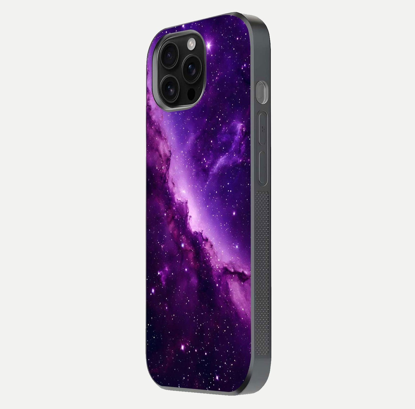 Purple Shade Sky Glass Case for iPhone 16 Pro Max side-angle image showing shine and soft violet blend