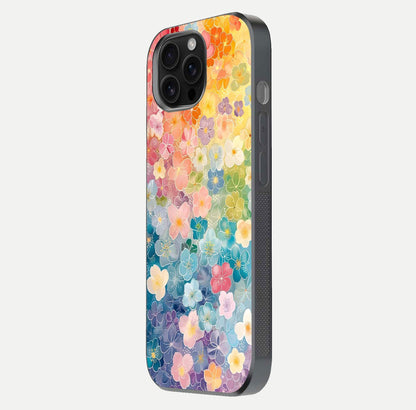Rainbow Blossom Burst Glass Case for iPhone 16 Pro Max side-angle image showing reflection and floral burst detail