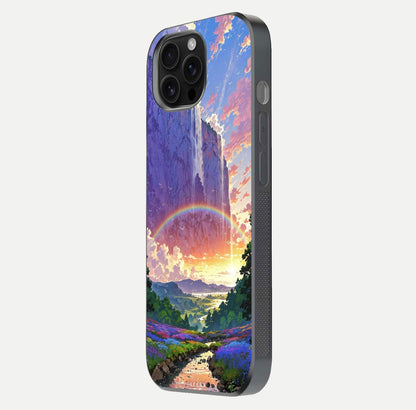 Rainbow Valley Dream Glass Case for iPhone 16 Pro Max side-angle image showing light reflection and scenic tones
