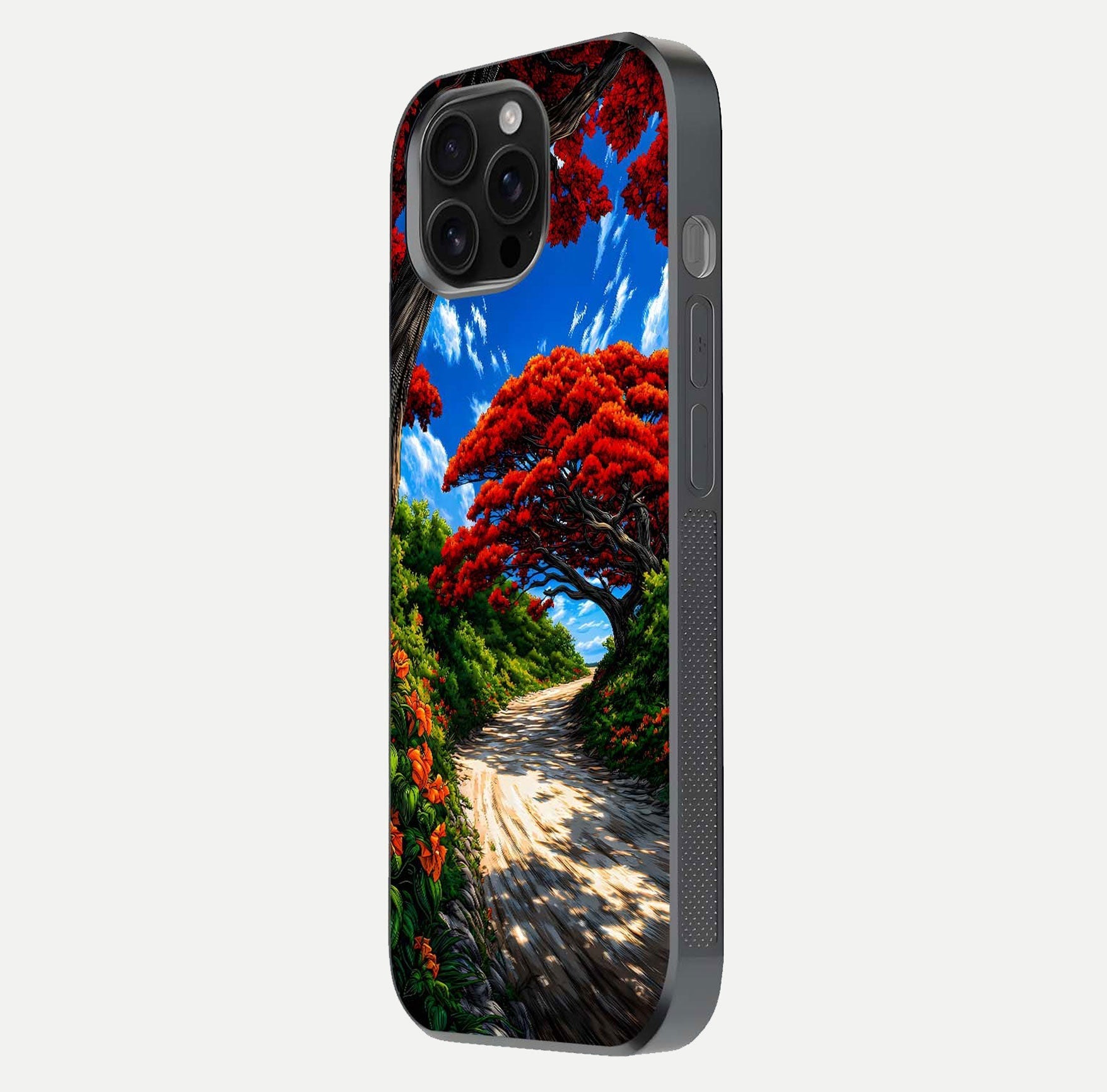 Red Trees Pathway Glass Case for iPhone 16 Pro Max side-angle image showing reflection and autumn vibe
