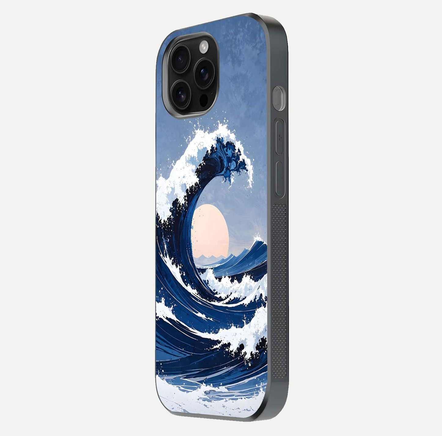 Rising Tide Power Glass Case for iPhone 16 Pro Max side-angle image showing shine and detailed ocean art