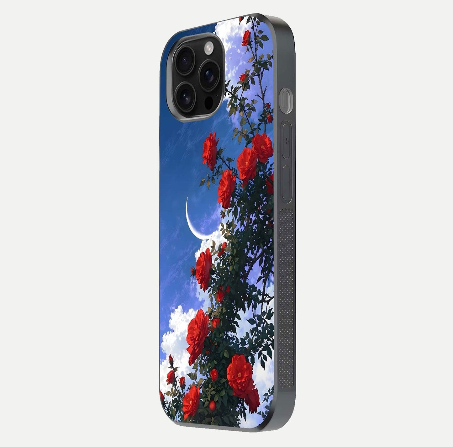 Rose Drift Flowers Glass Case for iPhone 16 Pro Max side-angle image showing reflection and petal detail
