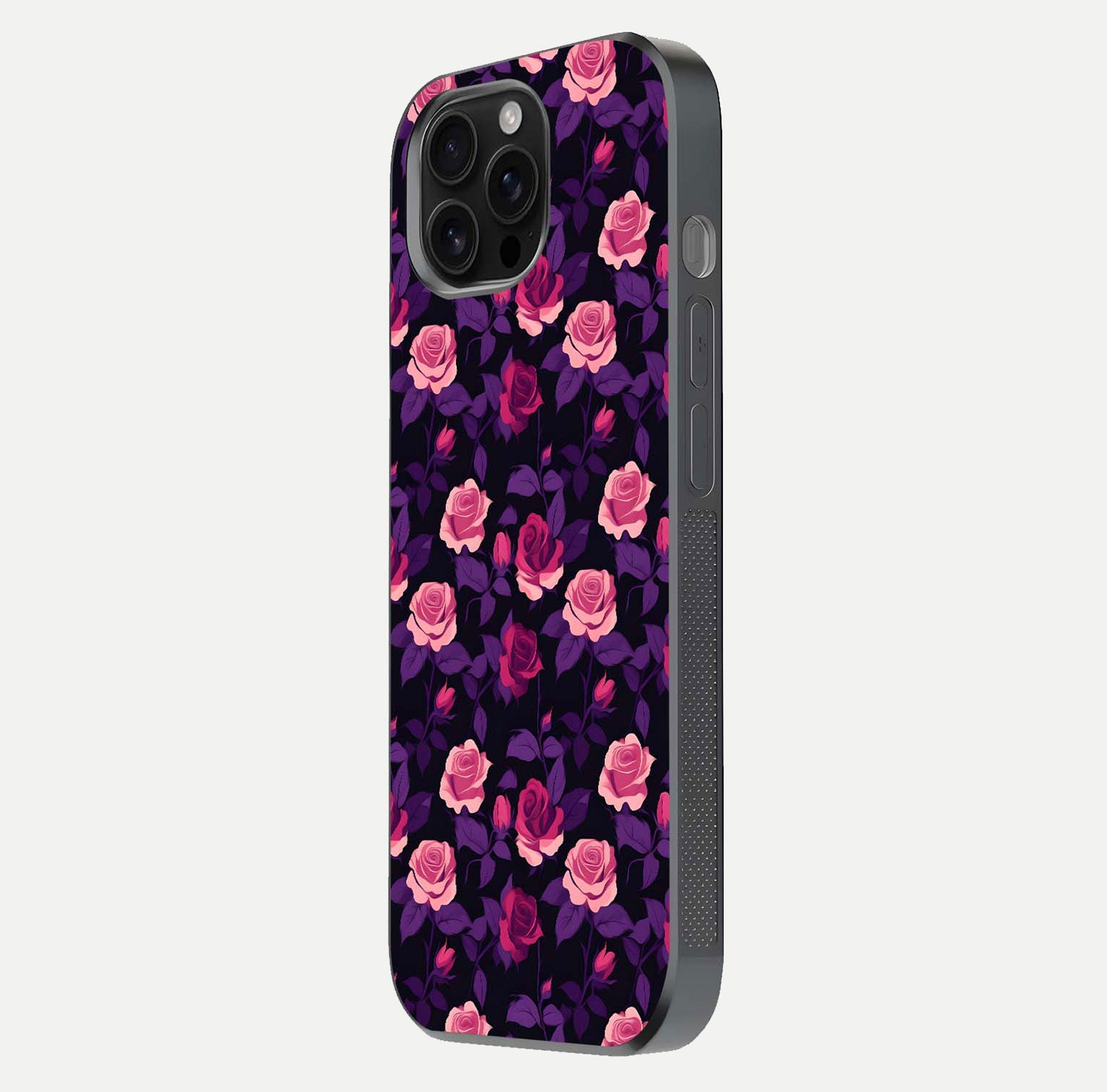 Rose Garden Twilight Glass Case for iPhone 16 Pro Max side-angle image showing reflection, gloss, and floral detail