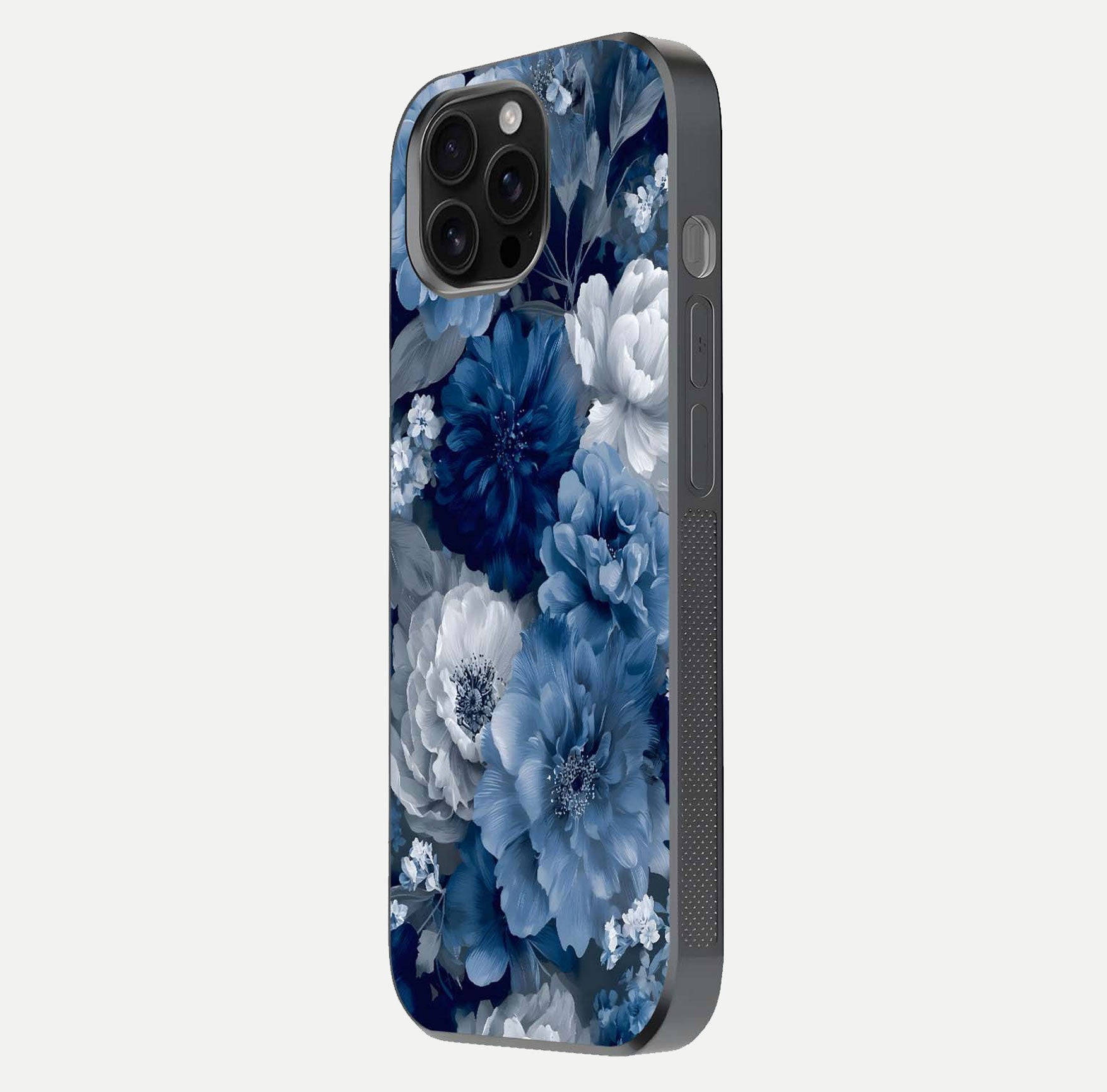 Royal Bloom Garden Glass Case for iPhone 16 Pro Max side-angle image showing floral pattern, edges, and reflection