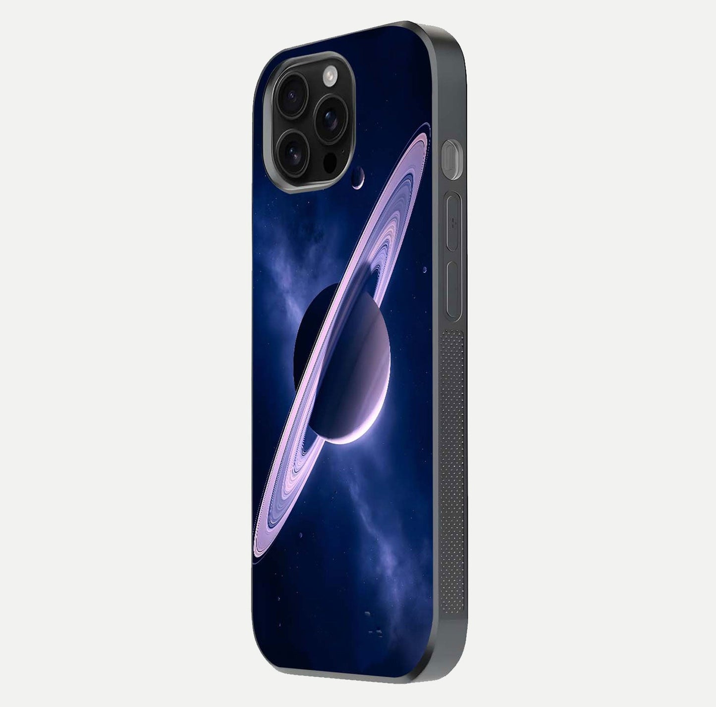 Saturn Ring Mystique Glass Case for iPhone 16 Pro Max side-angle image showing shine and galaxy ring focus