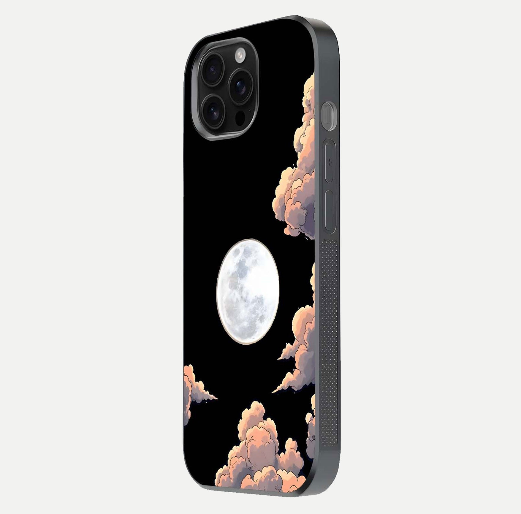 Shade Cloud Moon Glass Case for iPhone 16 Pro Max side-angle image showing reflection and night-sky detail