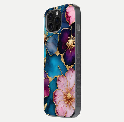 Sparkle Floral Glass Case for iPhone 16 Pro Max side-angle image showing reflection, gloss, and floral texture