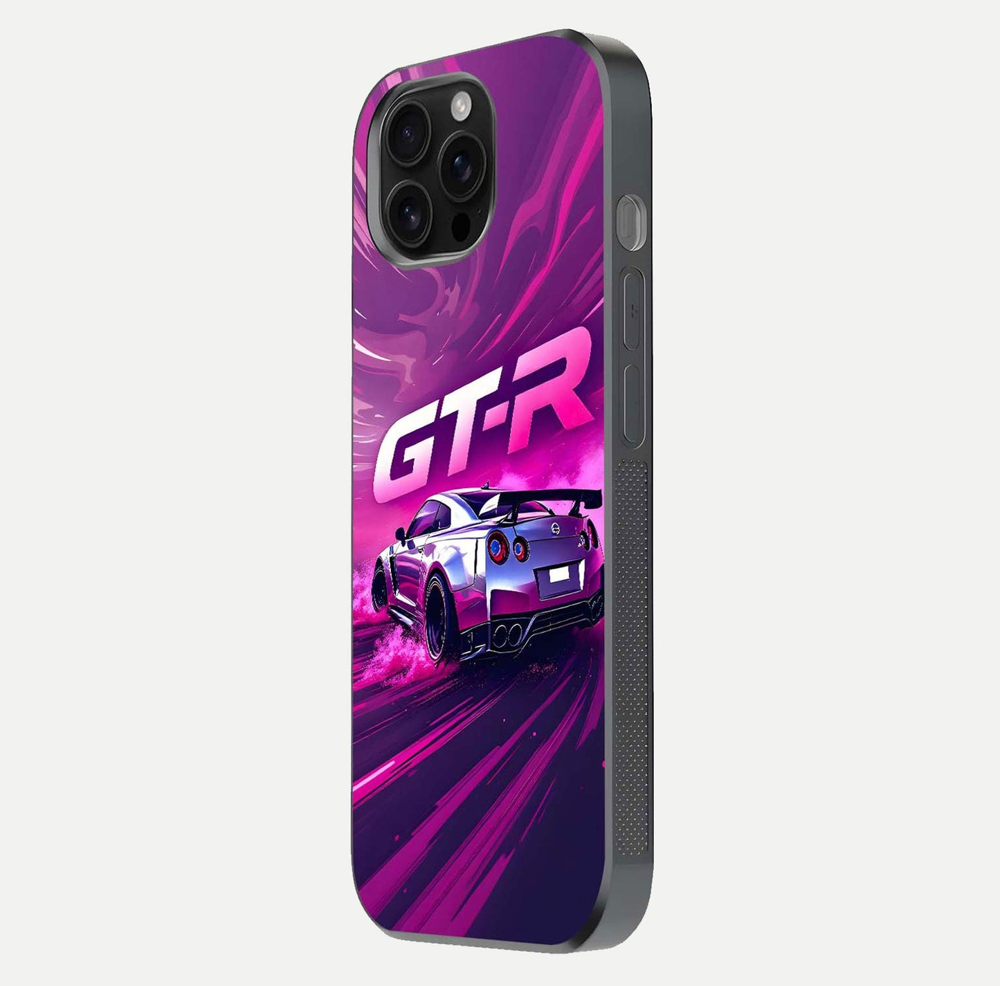 Speed Drift Legend Glass Case for iPhone 16 Pro Max side-angle image showing car print reflection and surface gloss