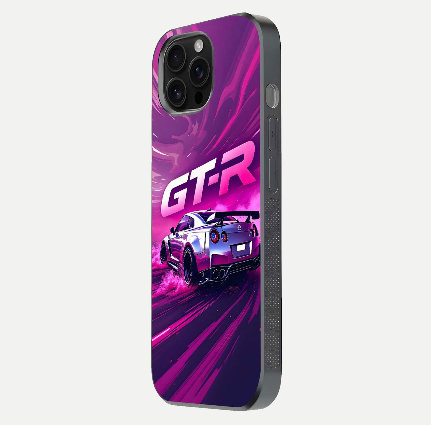 Speed Drift Legend Glass Case for iPhone 16 Pro Max side-angle image showing car print reflection and surface gloss
