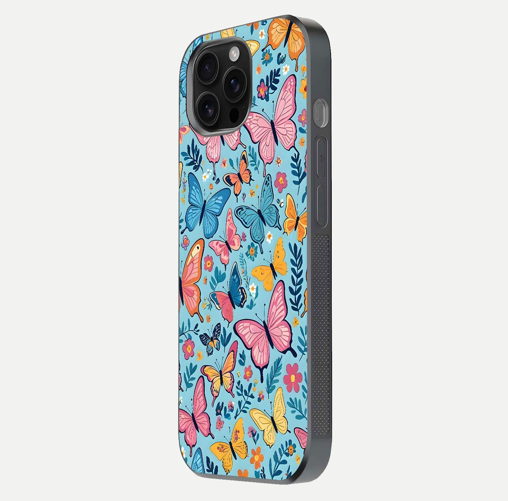 Spiritual Krishna Glass Case for iPhone 16 Pro Max side-angle image showing reflection and vivid artwork clarity
