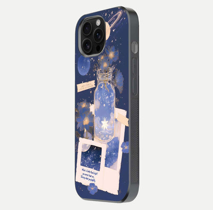Starlit Cosmic Jar Glass Case for iPhone 16 Pro Max side-angle image showing glow, texture, and light reflection