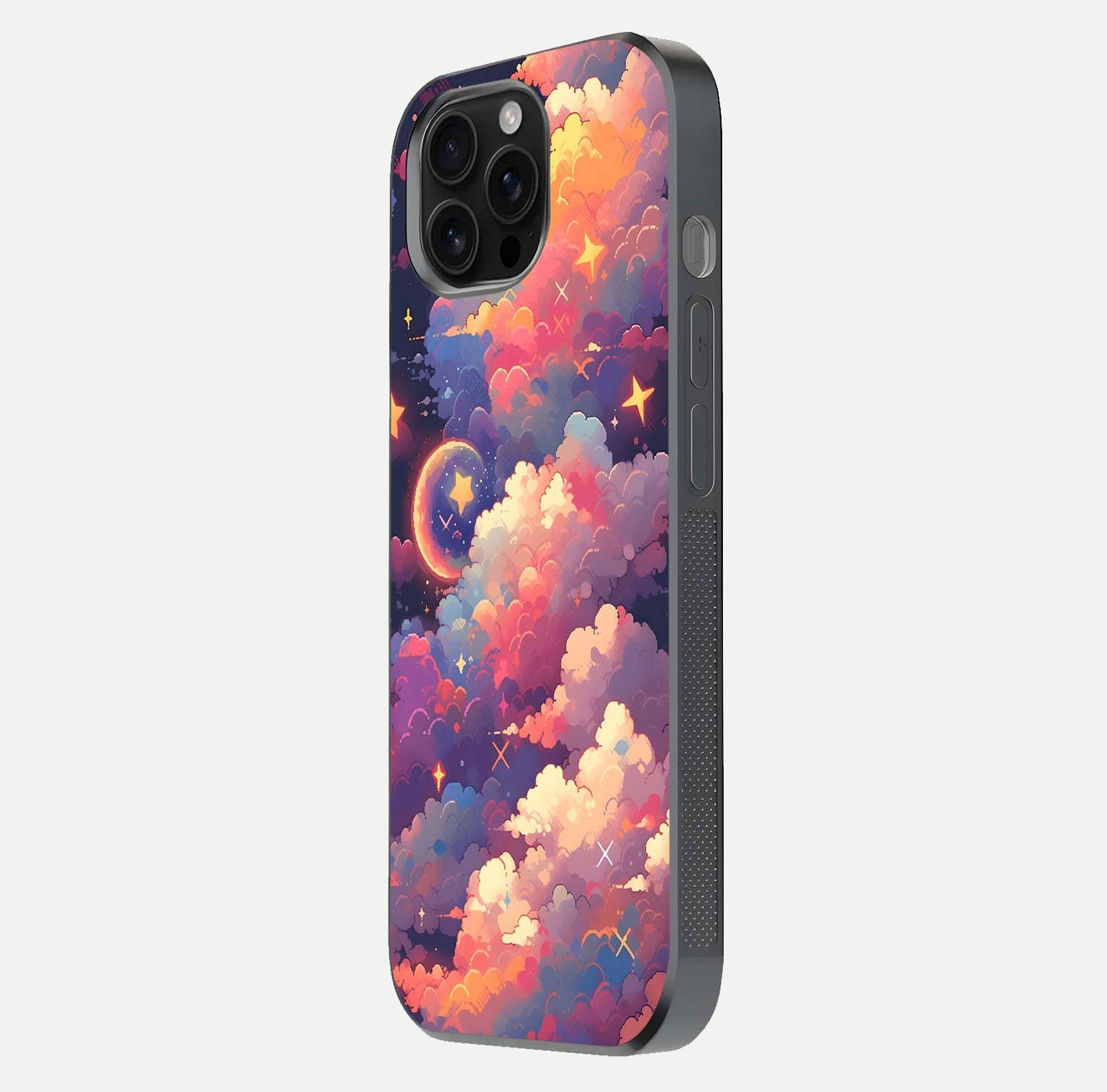 Starlit Dream Clouds Glass Case for iPhone 16 Pro Max side-angle image showing shine, reflection, and dreamy tones