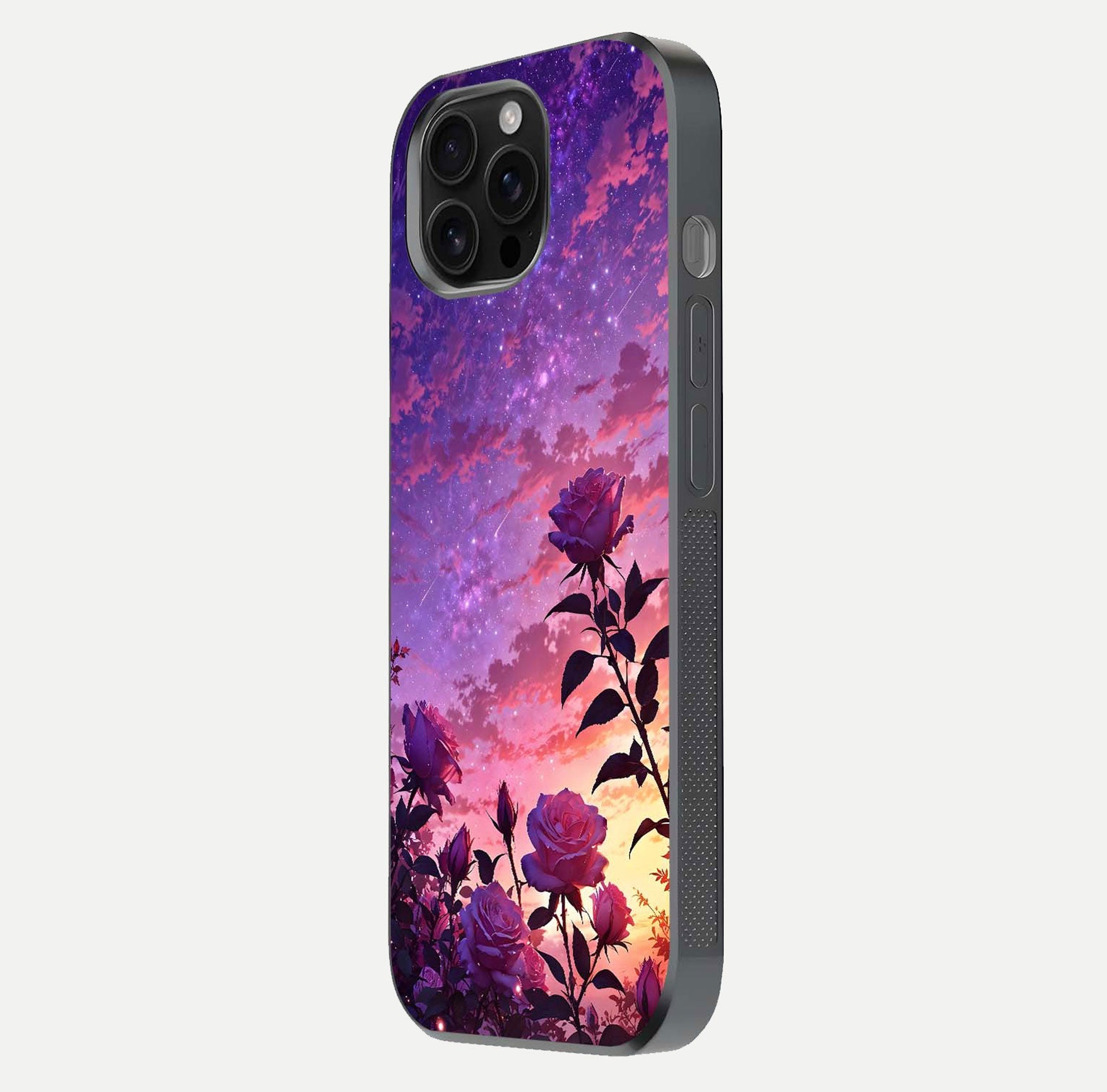 Starlit Rose Twilight Glass Case for iPhone 16 Pro Max side-angle image showing reflection and petal contrast