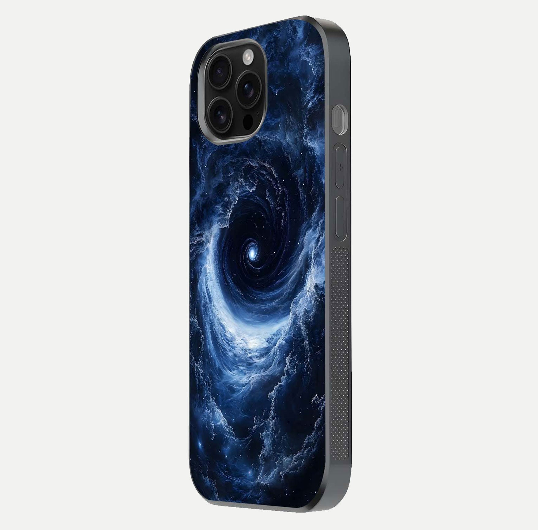 Stunning Galaxy Glass Case for iPhone 16 Pro Max side-angle image showing glossy reflection and space detailing