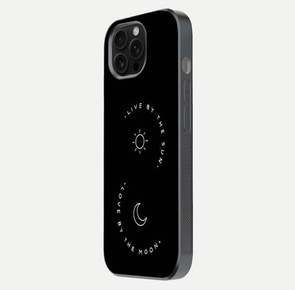 Sun Moon Balance Glass Case for iPhone 16 Pro Max side-angle image showing reflection and celestial detailing