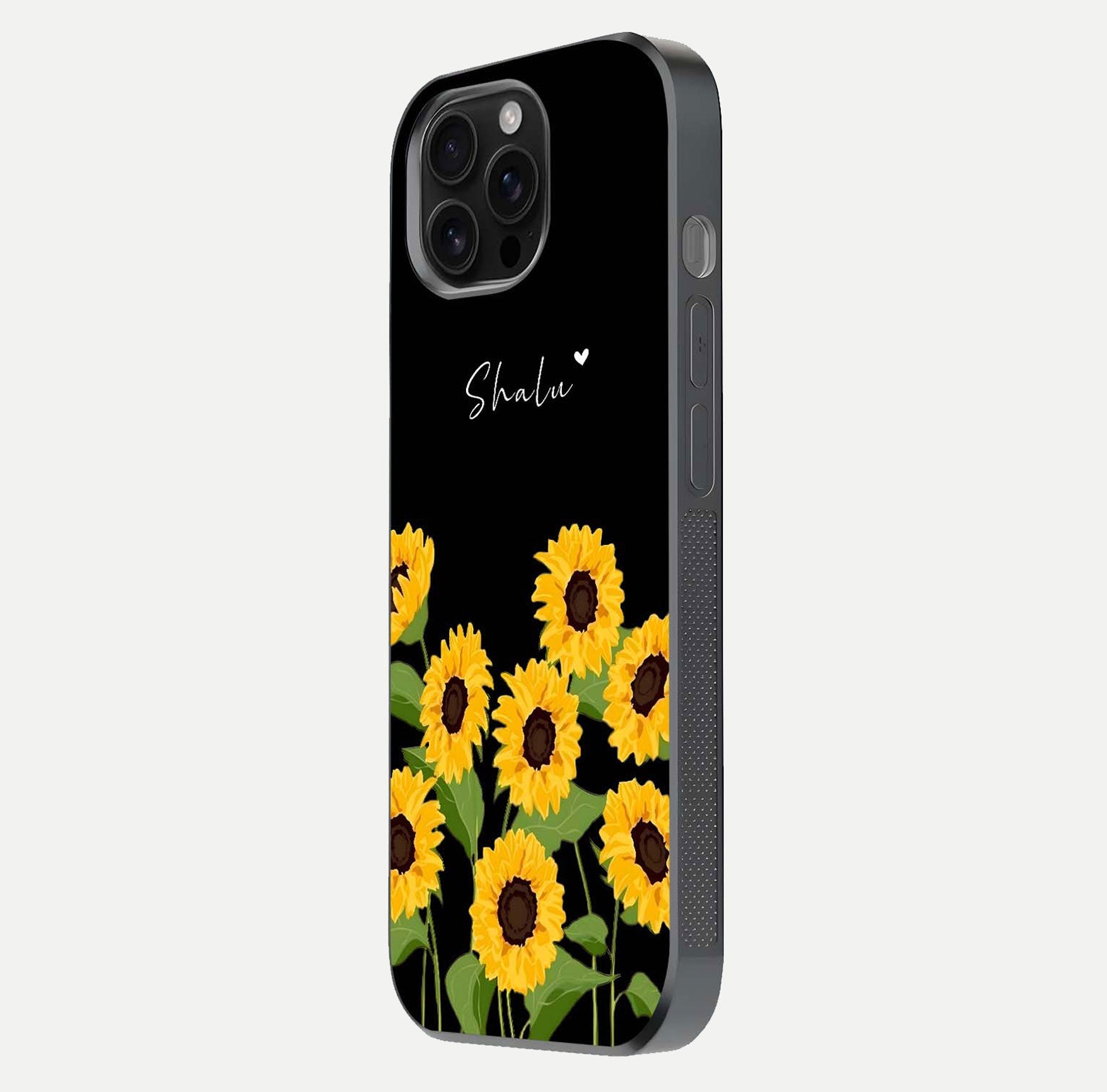 Sunflower Chic Mood Custom Name Glass Case for iPhone 16 Pro Max side-angle image showing reflection and yellow floral tone