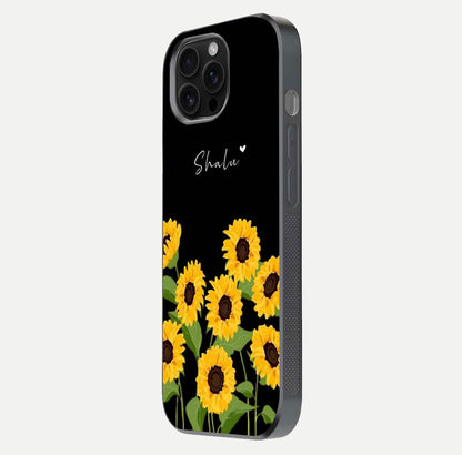 Sunflower Chic Mood Custom Name Glass Case for iPhone 16 Pro Max side-angle image showing reflection and yellow floral tone
