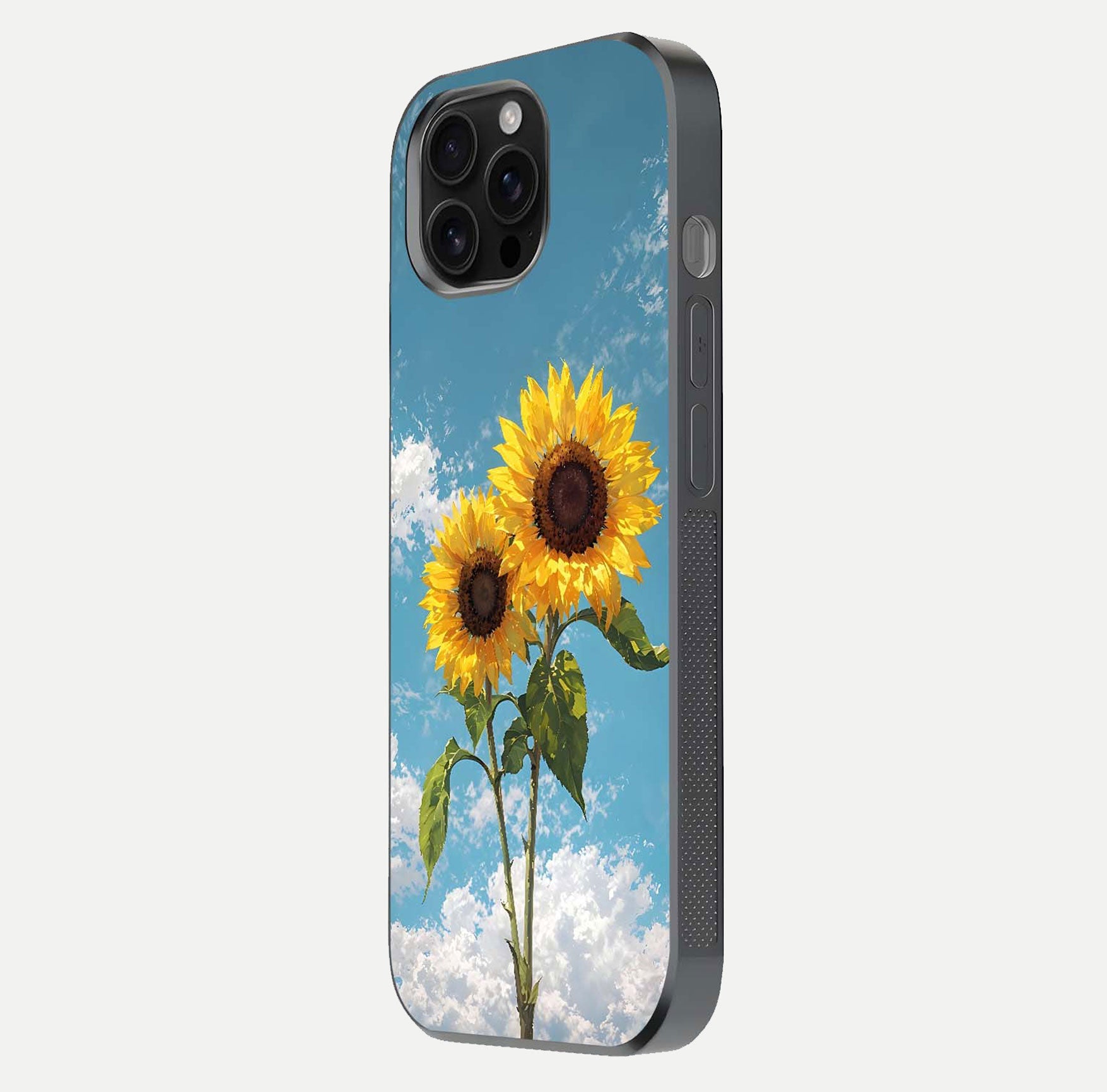 Sunflower Sky Bloom Glass Case for iPhone 16 Pro Max side-angle image showing reflection, edges, and sunflower color