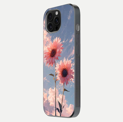 Sunlit Daisy Glow Glass Case for iPhone 16 Pro Max side-angle image showing shine, gloss, and floral highlight