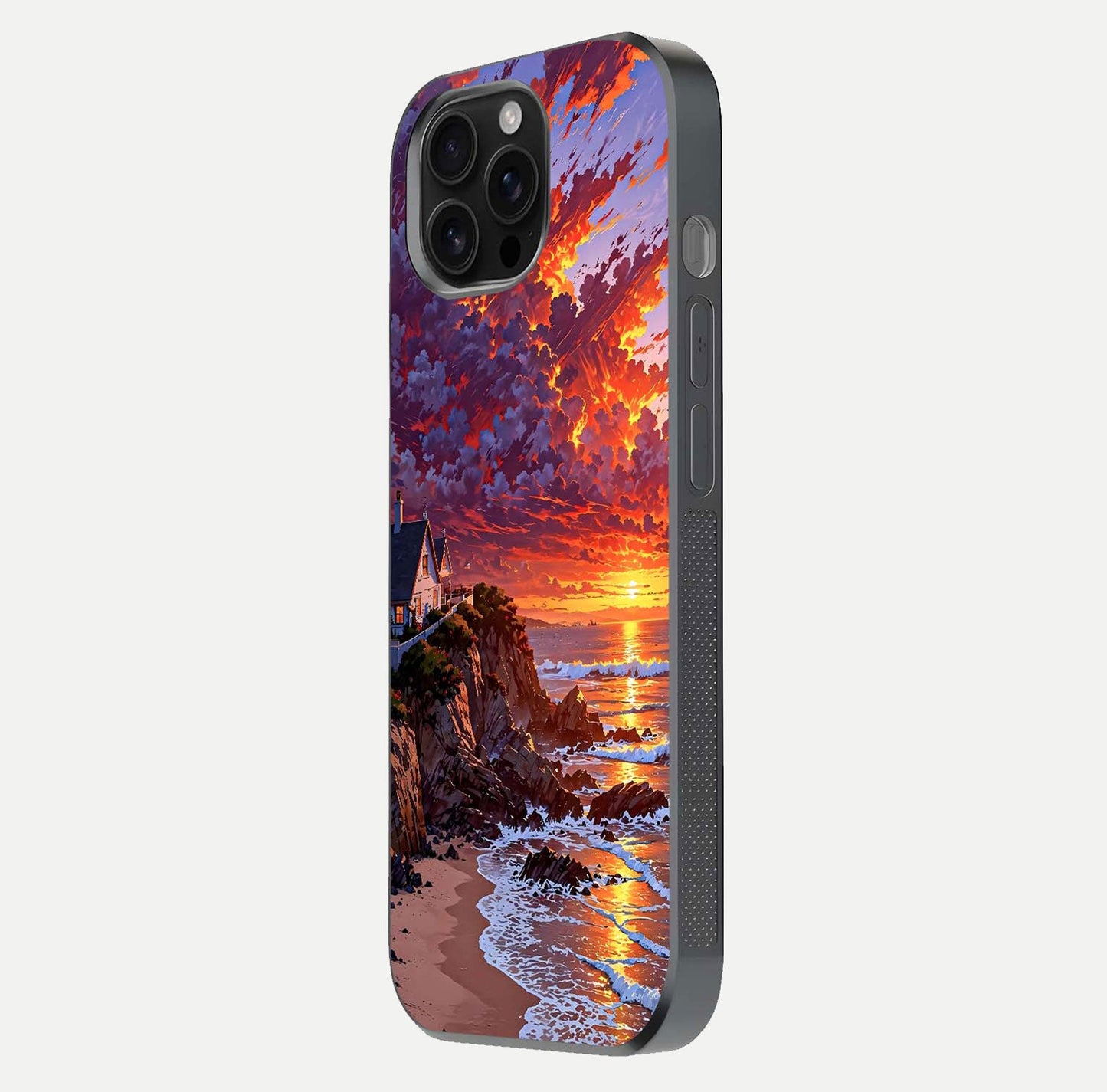 Sunset House by Sea Glass Case for iPhone 16 Pro Max side-angle image showing reflection and seaside color tone