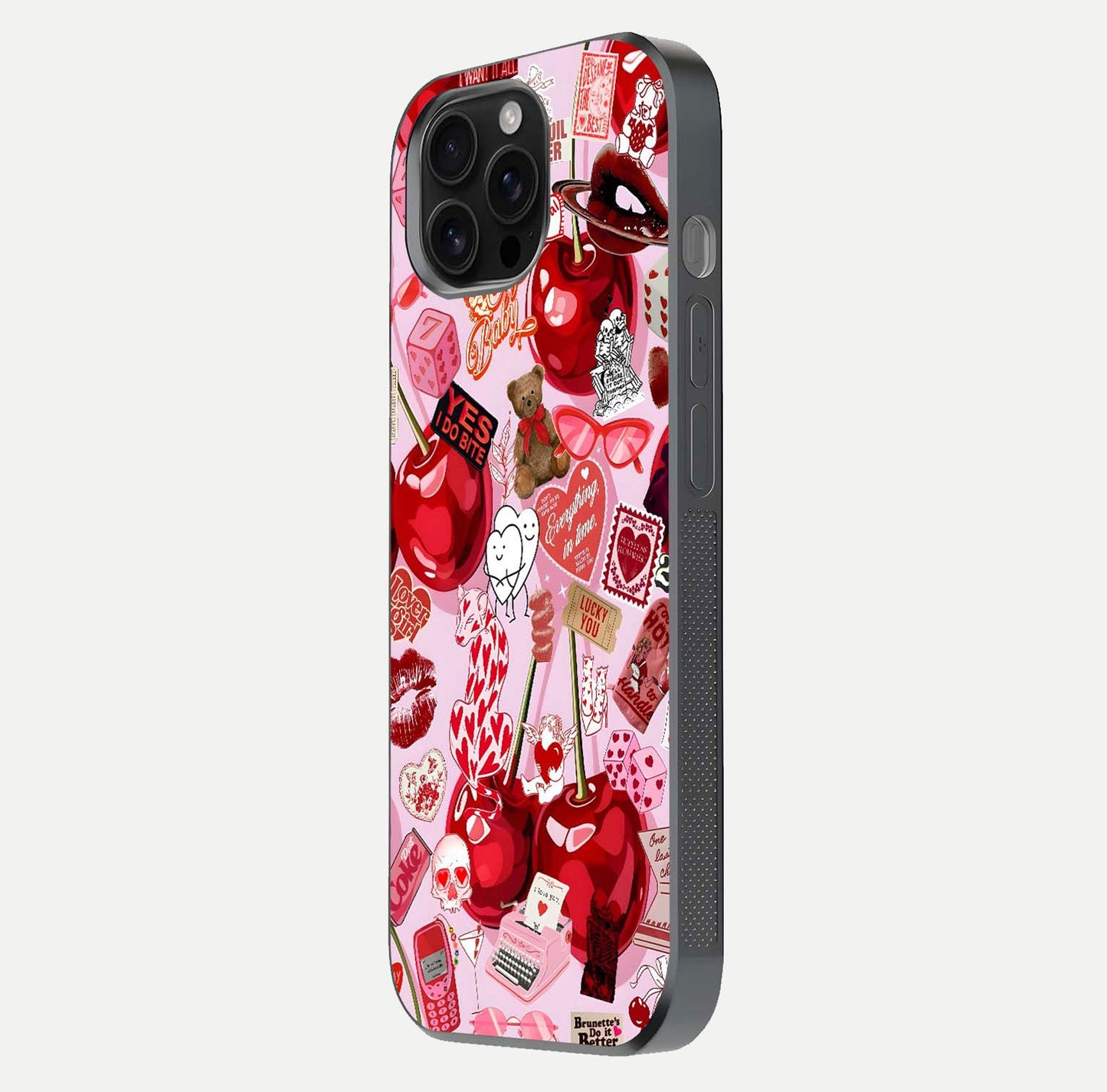 Sweet Cherry Chaos Glass Case for iPhone 16 Pro Max side-angle image showing shine, gloss, and cherry details