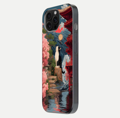 Temple Cat Scenery Glass Case for iPhone 16 Pro Max side-angle image showing shine and printed temple pattern