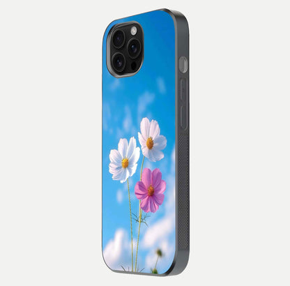 Triple Flowers With Sky Glass Case for iPhone 16 Pro Max side-angle image showing gloss, texture, and floral design