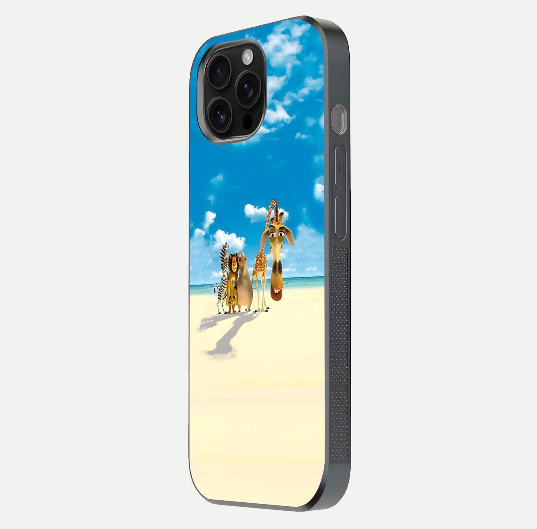 Tropical Fun Squad Glass Case for iPhone 16 Pro Max side-angle image showing shine, color depth, and surface gloss