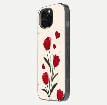Tulip With Heart Glass Case for iPhone 16 Pro Max side-angle image showing floral reflection and subtle gradient