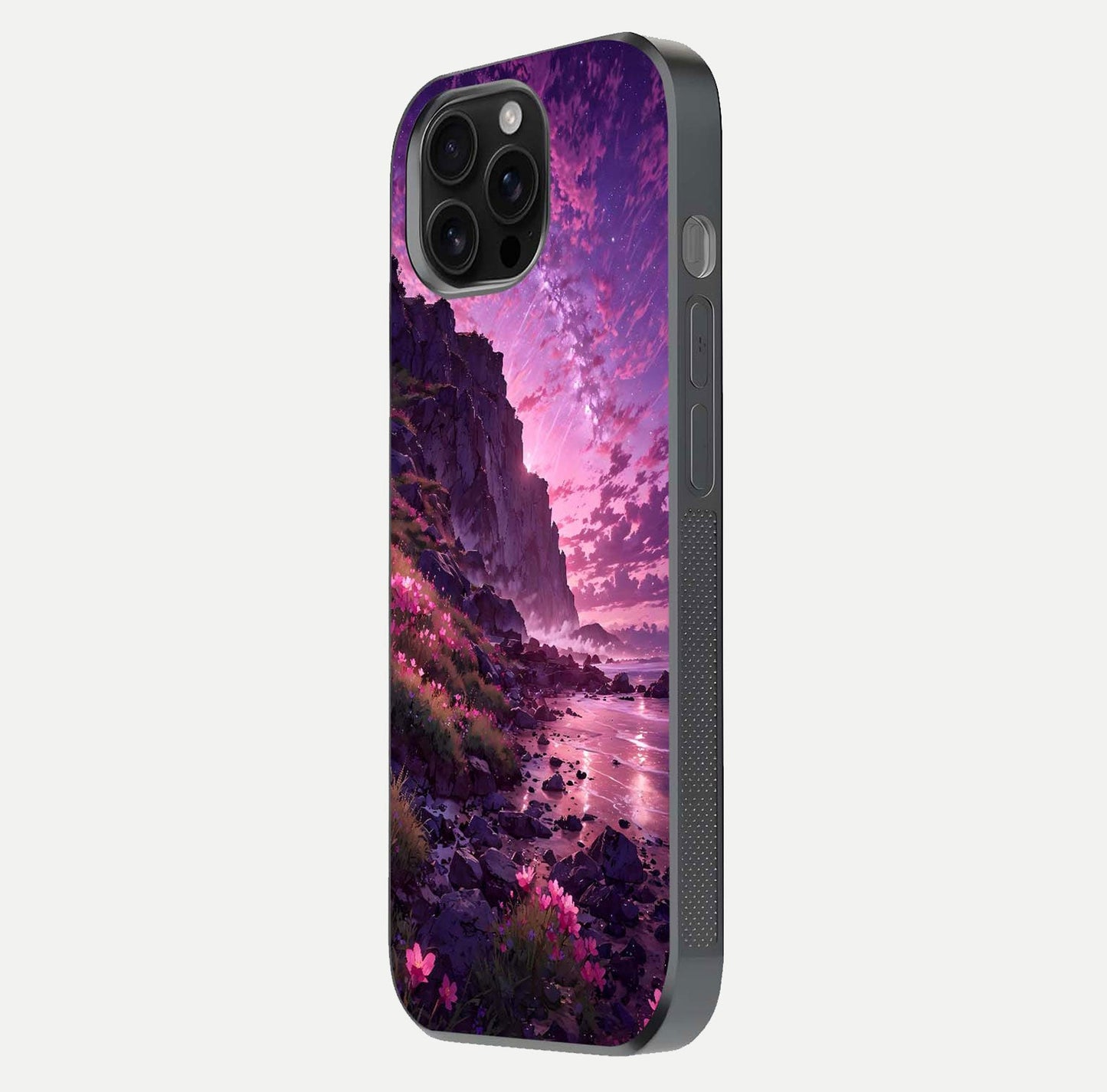 Twilight Blossom Coast Glass Case for iPhone 16 Pro Max side-angle image showing shine, reflection, and petal tone