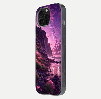 Twilight Blossom Coast Glass Case for iPhone 16 Pro Max side-angle image showing shine, reflection, and petal tone