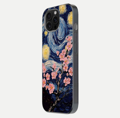 Van Gogh Scenery Glass Case for iPhone 16 Pro Max side-angle image showing shine, gloss, and scenic color palette