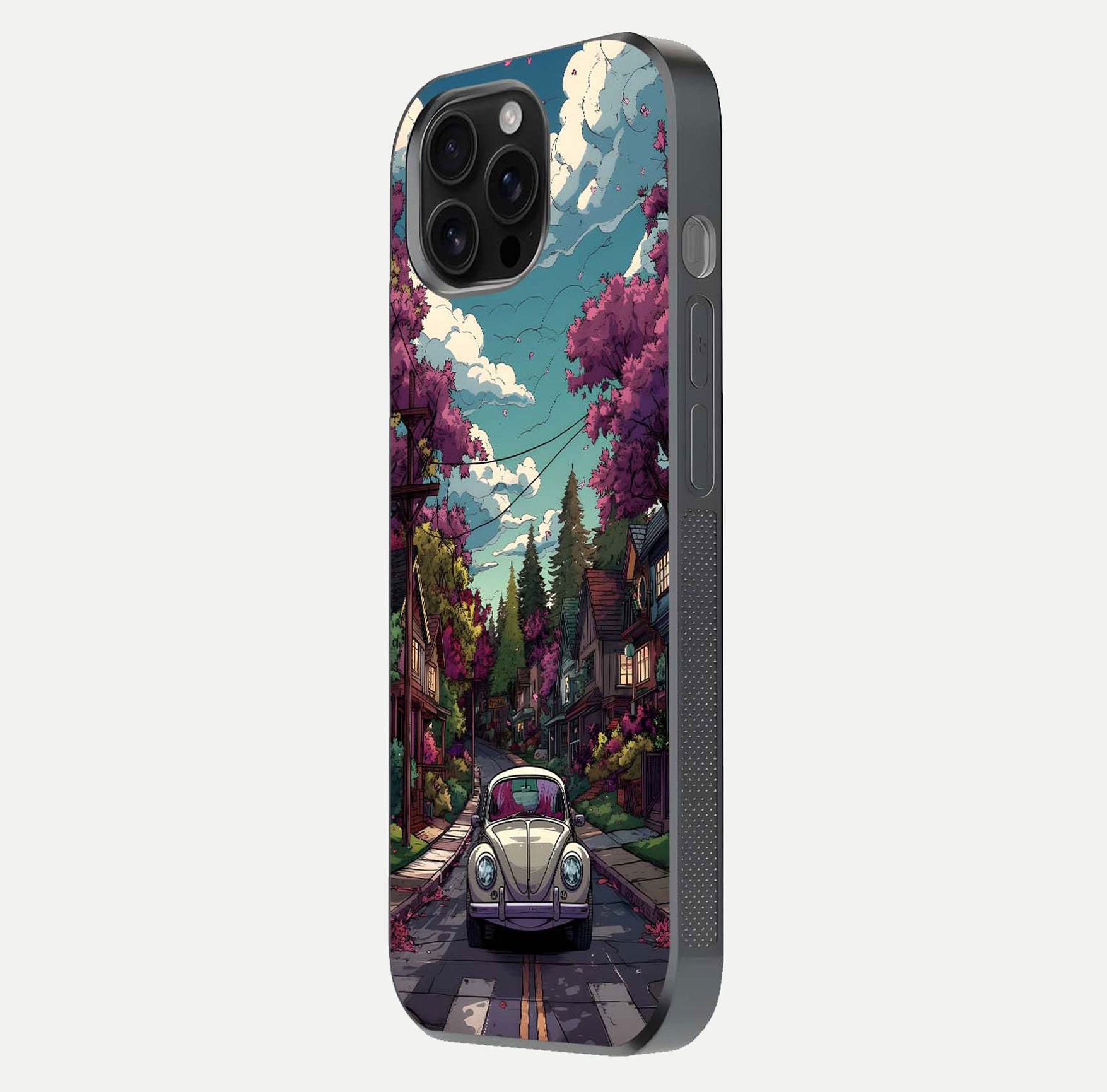 Vintage Street Drive Glass Case for iPhone 16 Pro Max side-angle image showing gloss reflection and design detail