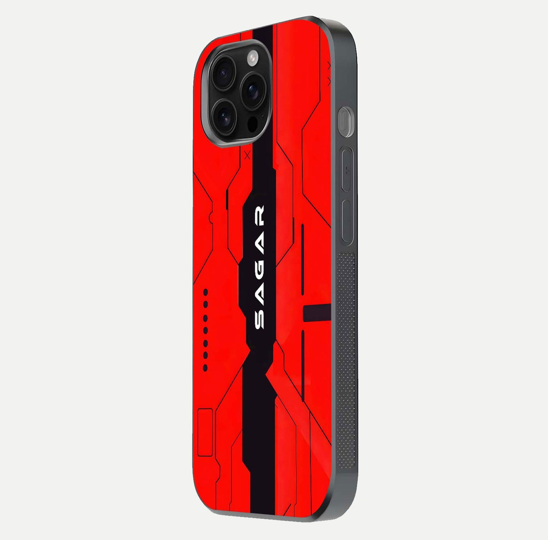 Voltage Rise CYBERPUNK Custom Name Glass Case for iPhone 16 Pro Max side-angle image showing gloss and cyberpunk detail