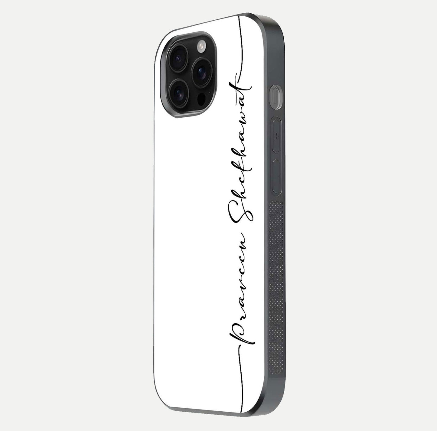 White Tune Custom Name Glass Case for iPhone 16 Pro Max side-angle image showing shine, gloss, and minimal tone