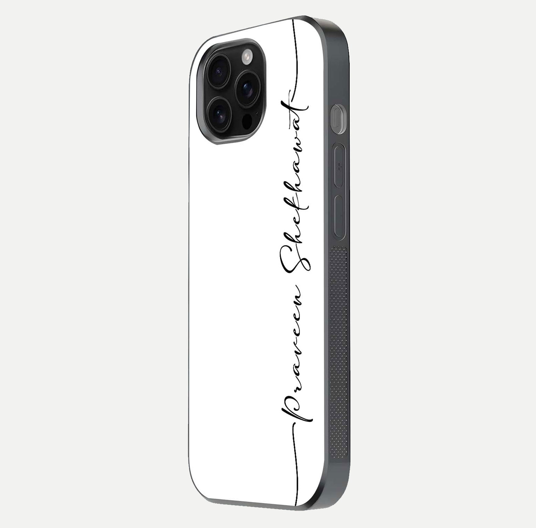 White Tune Custom Name Glass Case for iPhone 16 Pro Max side-angle image showing shine, gloss, and minimal tone