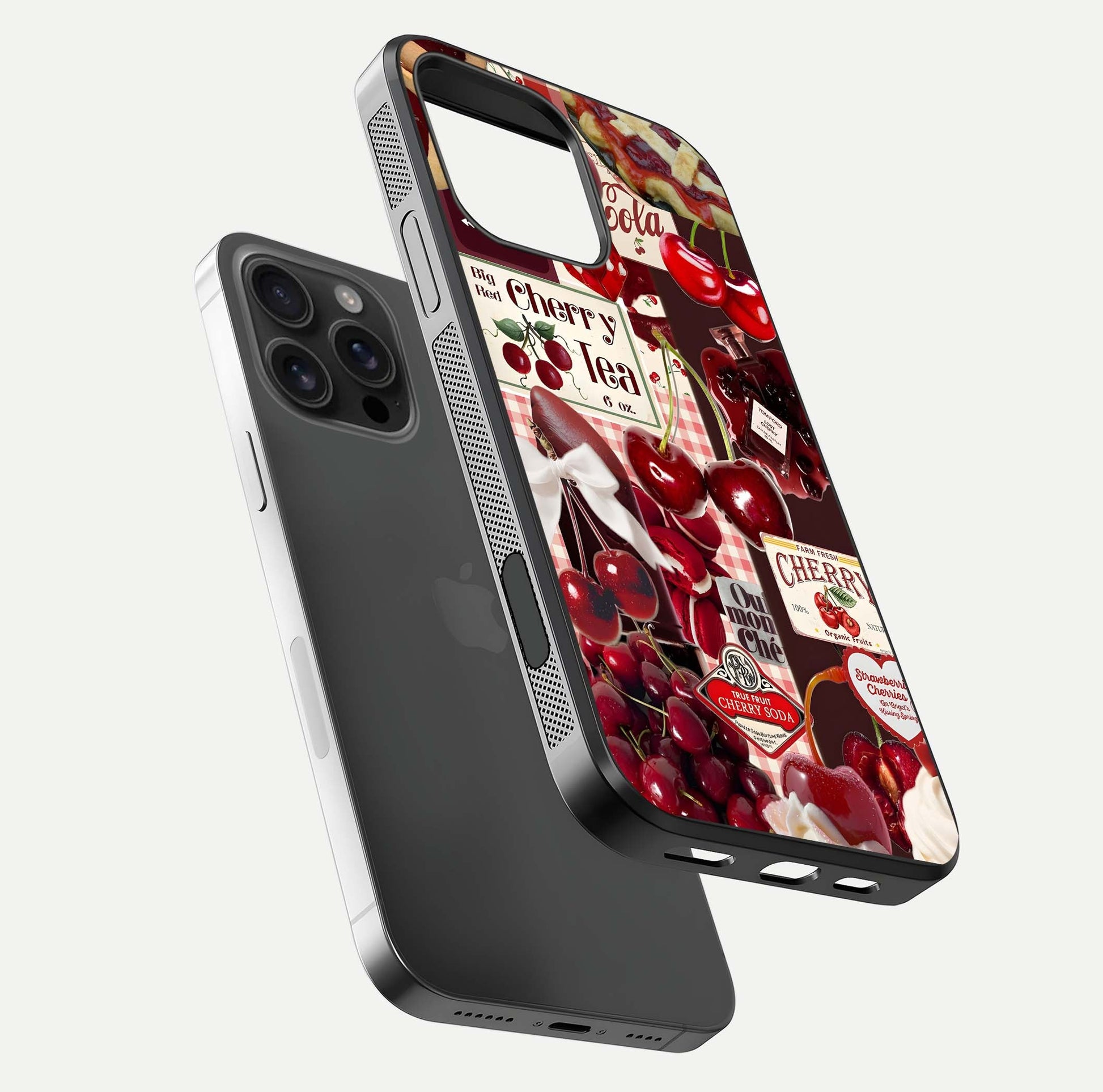Aesthetic Cherry Tea Glass Case for iPhone 16 Pro Max floating dual-view mockup showing edge design and detailed cherry pattern gloss texture