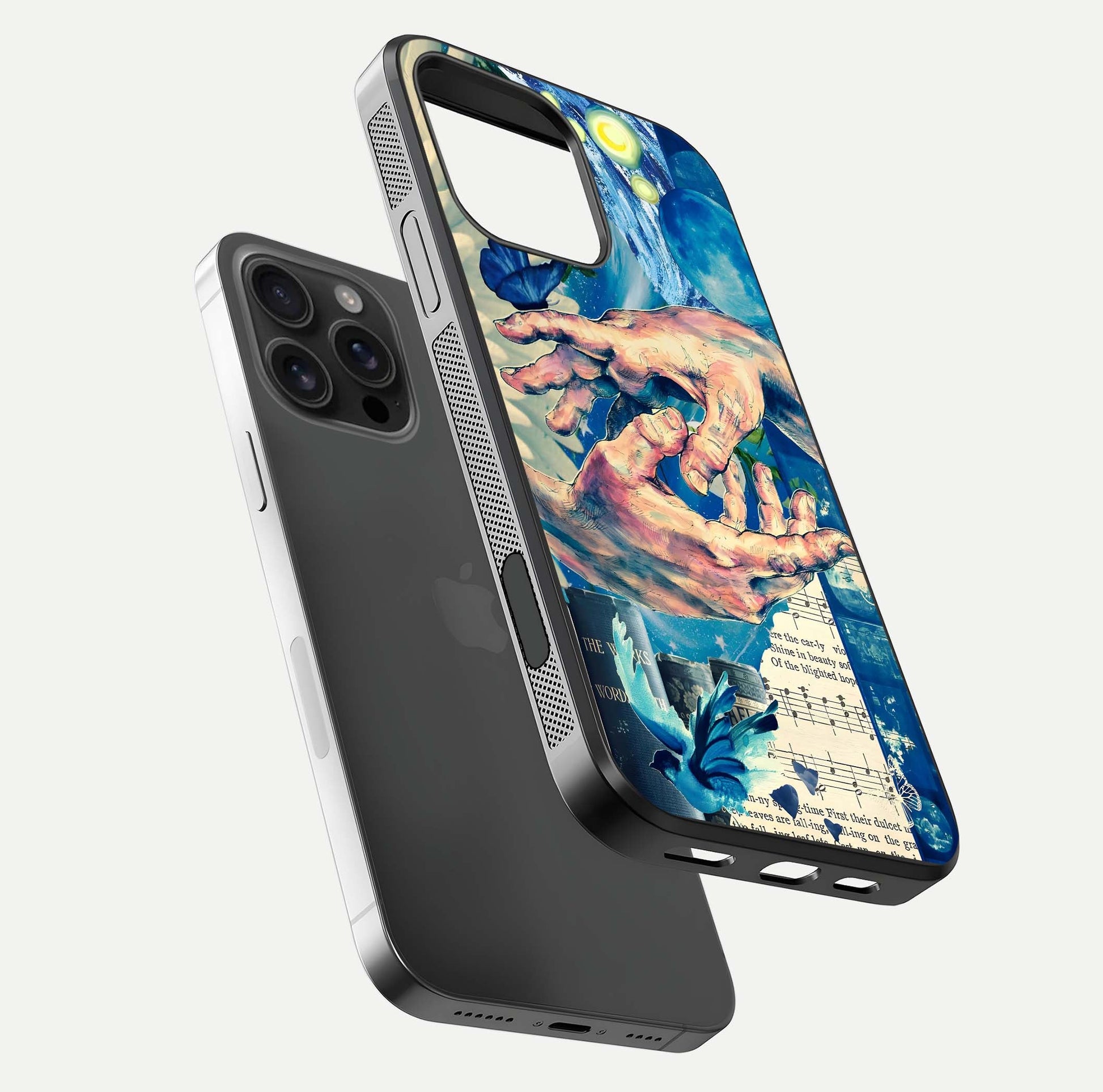 Aesthetic Divider Glass Case for iPhone 16 Pro Max floating dual-view mockup showing edge design and detailed divider gloss texture