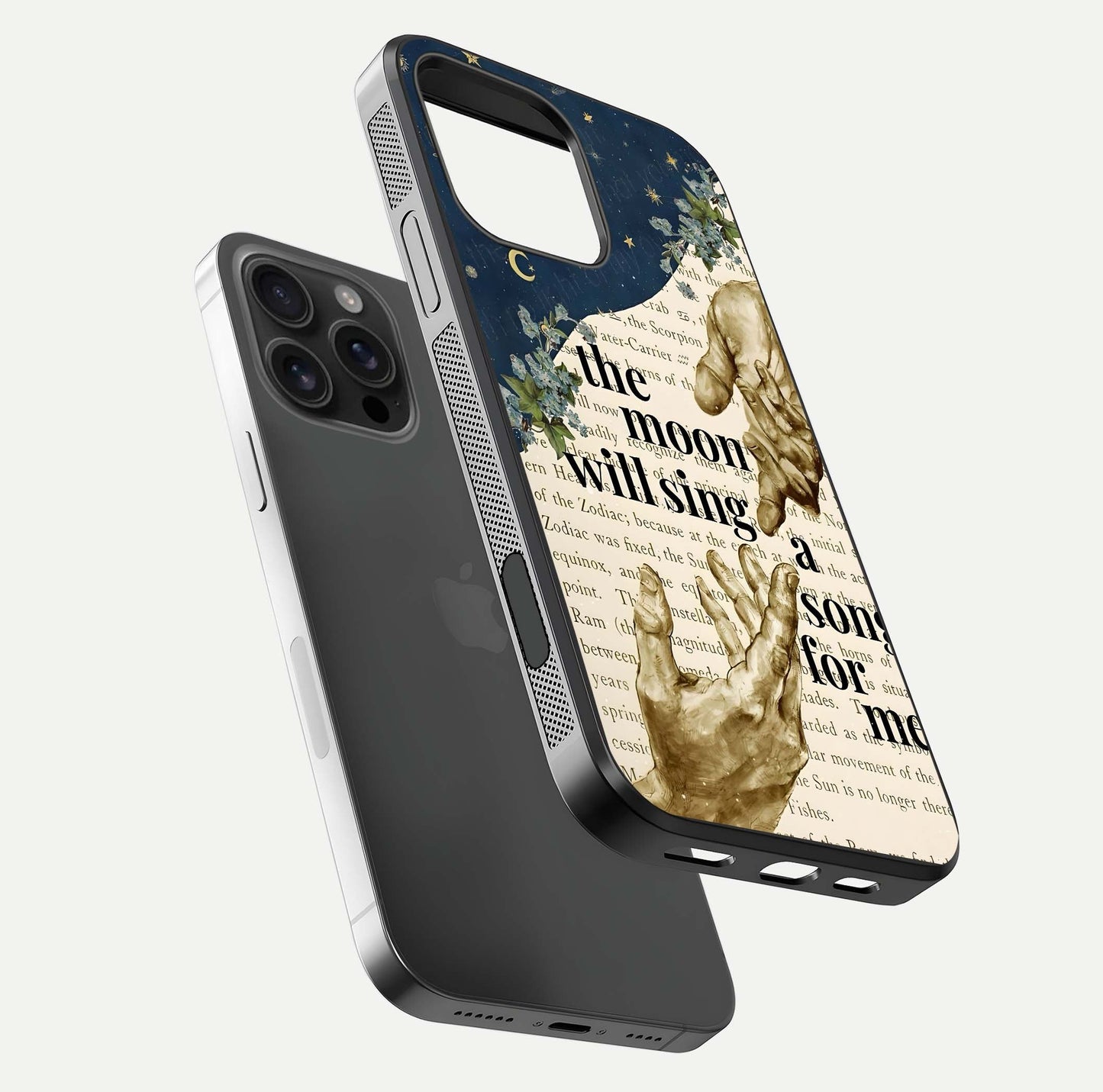 Aesthetic Divine Glass Case for iPhone 16 Pro Max floating dual-view mockup showing edge design and divine art gloss texture