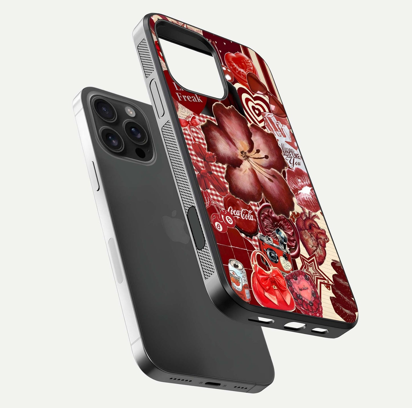 Aesthetic Little Freak Glass Case for iPhone 16 Pro Max floating dual-view mockup showing edge design and detailed collage gloss texture