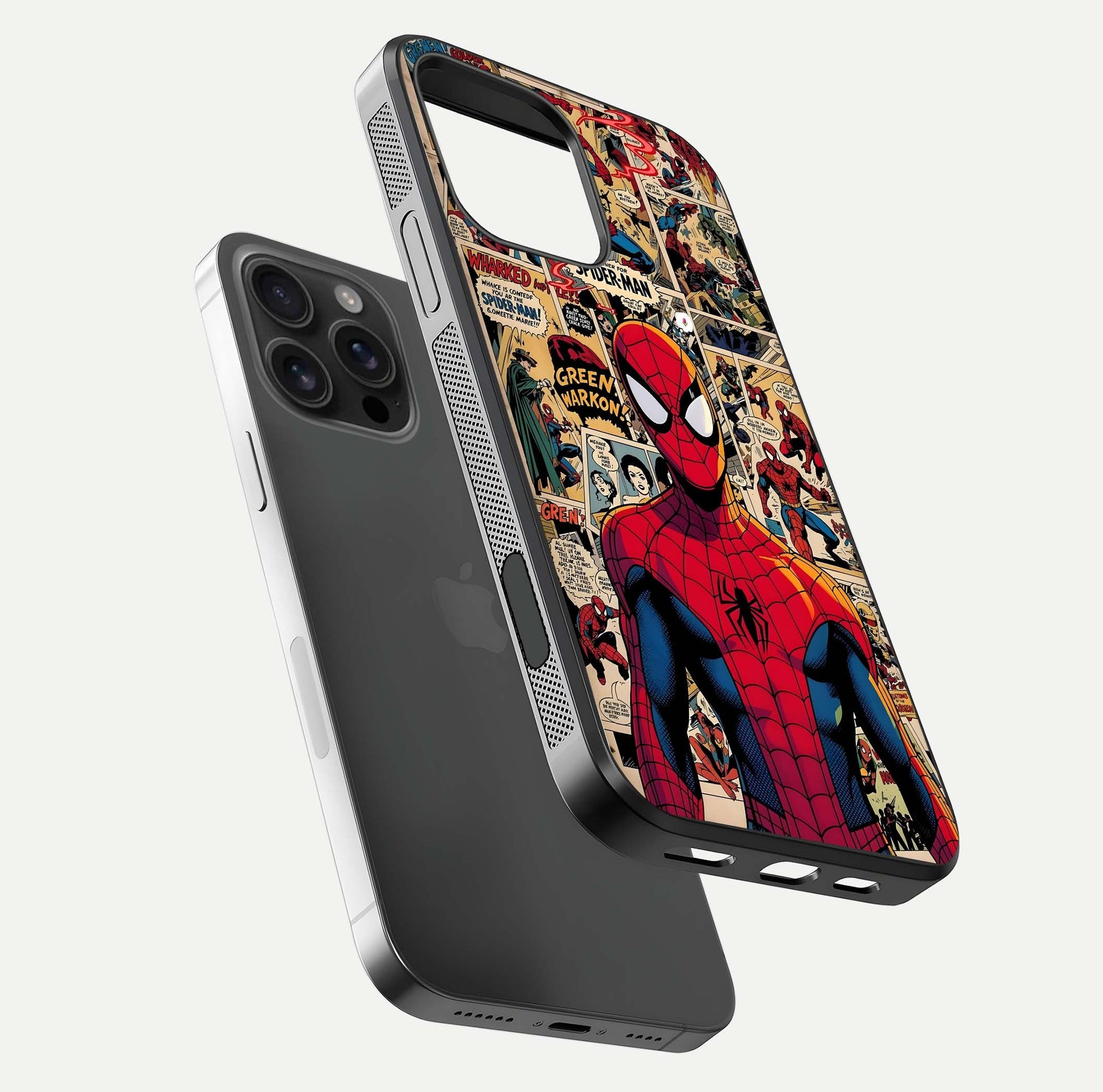 Aesthetic Spider Man Glass Case for iPhone 16 Pro Max floating dual-view mockup showing edge design and detailed Spider-Man gloss texture